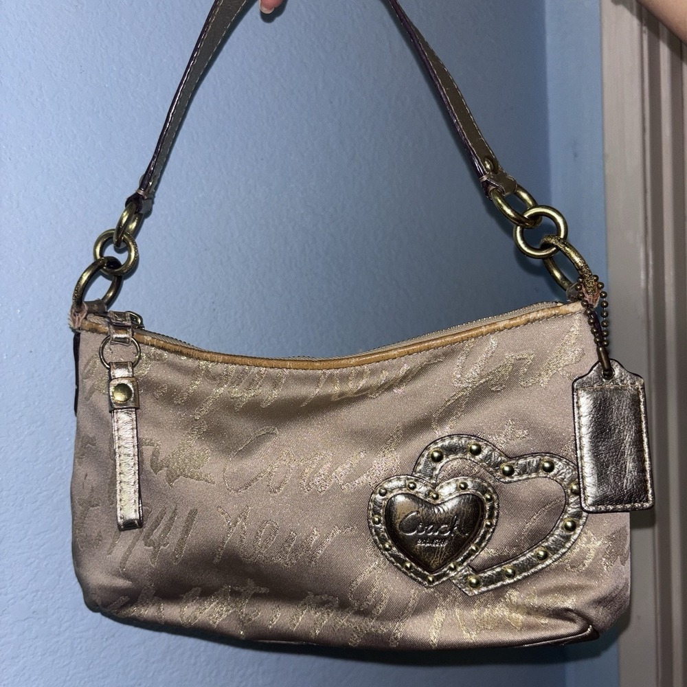 COACH Vtg Gold Satin Script Logo Purse Bag Double Heart Studded Hardware Handbag